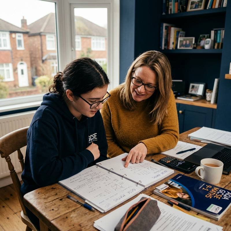 Parent reviewing GCSE Maths revision notes together with their daughter at home